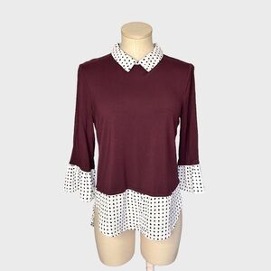 ELLE Polka Dot Contrast Collar Layered Hem Twofer Top